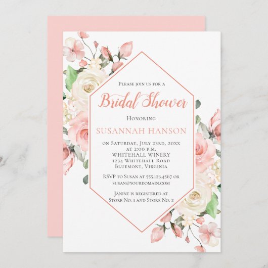 ピーチピンクアンドホワイトローズフレームブライダルシャワー 招待状 (正面/裏面)