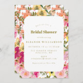 ピーチピンクイエローウォーターカラーフローラブライダルシャワー 招待状 (正面/裏面)