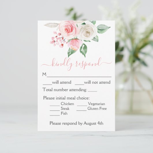 ピーチピンクウォーターカラーフローラウェディングRSVPカード 出欠カード (スタンド正面)