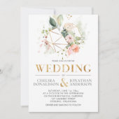 ピーチピンクウォーターカラーフローラテラ結婚リウム 招待状 (正面)