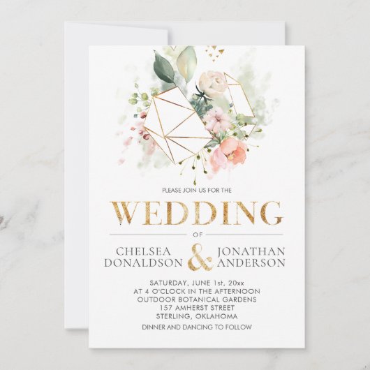 ピーチピンクウォーターカラーフローラテラ結婚リウム 招待状 (正面)