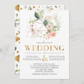 ピーチピンクウォーターカラーフローラテラ結婚リウム 招待状 (正面/裏面)