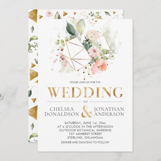 ピーチピンクウォーターカラーフローラテラ結婚リウム 招待状 (正面/裏面)