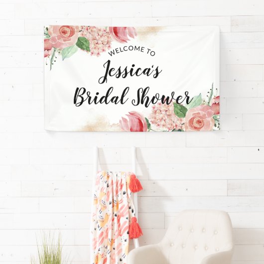 ピーチピンクウォーターカラーフローラブライダルシャワー歓迎 横断幕 (インサイチュ)