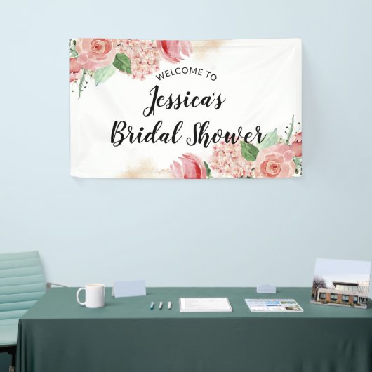 ピーチピンクウォーターカラーフローラブライダルシャワー歓迎 横断幕 (トレードショー)