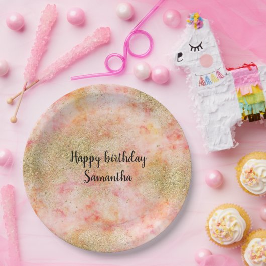 ピーチピンクウォーターカラー金ゴールドフェイクグリッター ペーパープレート (パーティー)