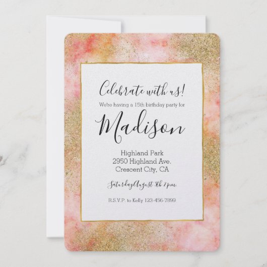 ピーチピンクウォーターカラー金ゴールドフェイクグリッター 招待状 (正面)