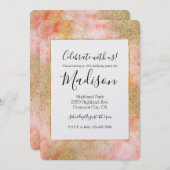 ピーチピンクウォーターカラー金ゴールドフェイクグリッター 招待状 (正面/裏面)