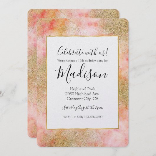 ピーチピンクウォーターカラー金ゴールドフェイクグリッター 招待状 (正面/裏面)