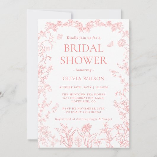 ピーチピンクガーデンチノイスリーブライダルシャワー 招待状 (正面)