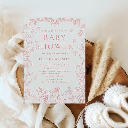 ピーチピンクガーデンチノイスリーベビーシャワー 招待状