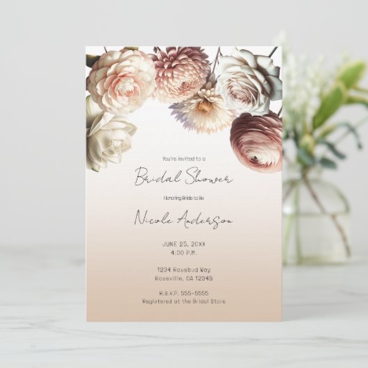 ピーチピンククリーミー白い花フローラブライダル 招待状 (スタンド正面)