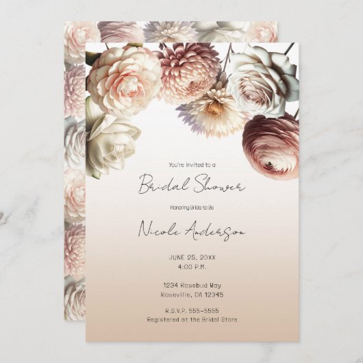 ピーチピンククリーミー白い花フローラブライダル 招待状 (正面/裏面)