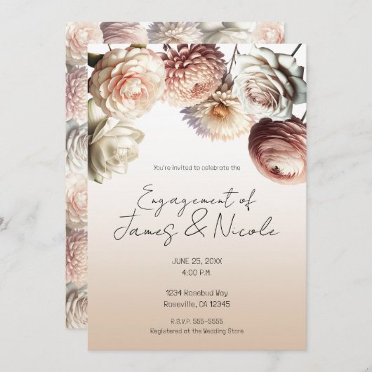 ピーチピンククリーミー白い花フローラ婚約 招待状 (正面/裏面)