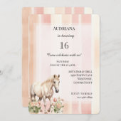 ピーチピンククリームストライプフローラホース誕生日 招待状 (正面/裏面)