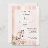 ピーチピンククリームストライプフローラホース誕生日 招待状 (正面)