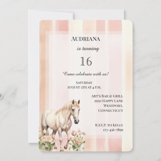ピーチピンククリームストライプフローラホース誕生日 招待状 (正面)