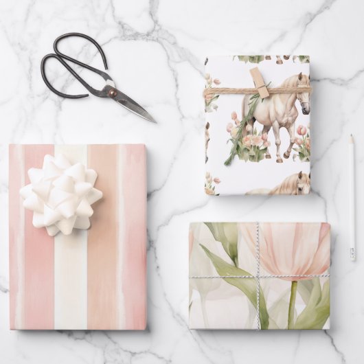 ピーチピンククリームチューリップストライプズホースフローラ ラッピングペーパーシート (正面)