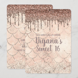 ピーチピンクグリッタードリップマーメイドスウィート16パーティー 招待状