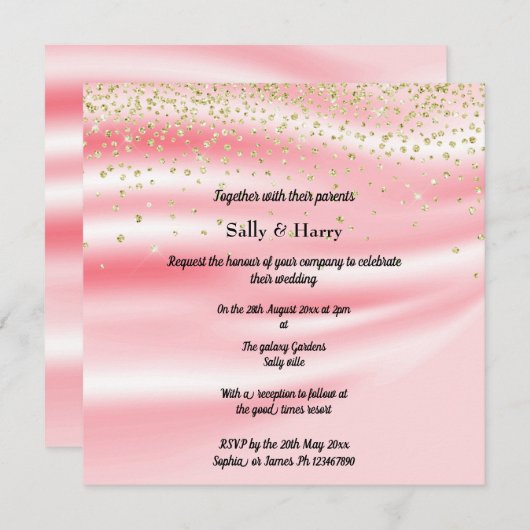 ピーチピンクサテンスパークル金ゴールド 招待状 (正面/裏面)