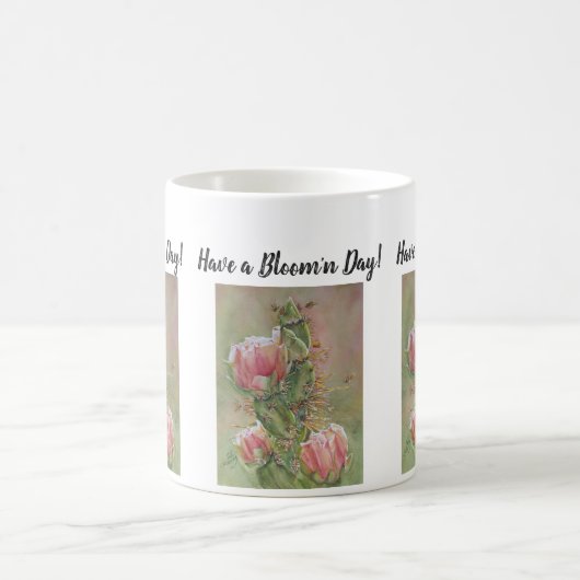 ピーチピンクサボテン水彩花 コーヒーマグカップ (中央)