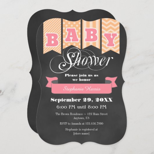 ピーチピンクシャルボードフラッグベビーシャワー招待状 招待状 (正面/裏面)