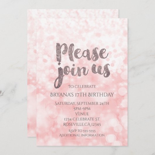 ピーチピンクスパークルグラマーバースデーパーティー招待状 招待状 (正面/裏面)