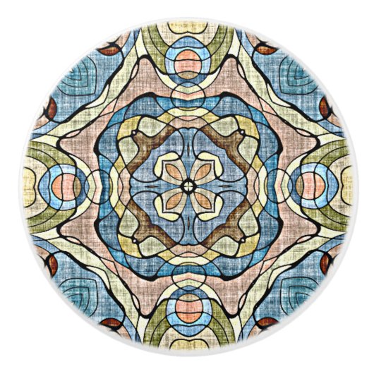 ピーチピンクティール（緑がかった色）ブルーオークレブラウンエスニック族アート セラミックノブ (正面)