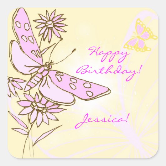 ピーチピンクバタフライステッカー スクエアシール (正面)