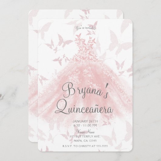 ピーチピンクバタフライダンスドレスキンセアニラ 招待状 (正面/裏面)