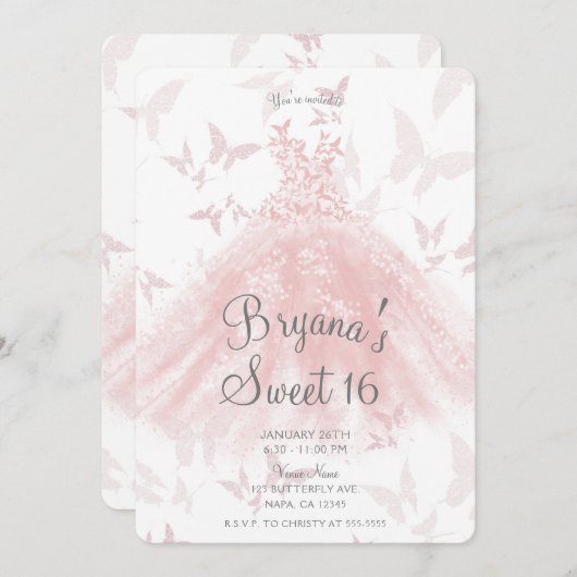 ピーチピンクバタフライダンスドレス甘い16パーティー 招待状 (正面/裏面)