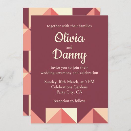 ピーチピンクパープルトライアングルジオメトリック結婚ス 招待状 (正面/裏面)