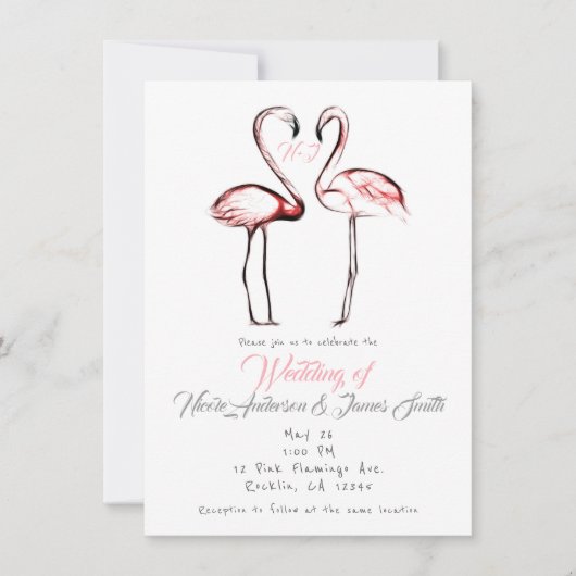 ピーチピンクフラミンゴフラミンゴエレガントな結婚式 招待状 (正面)