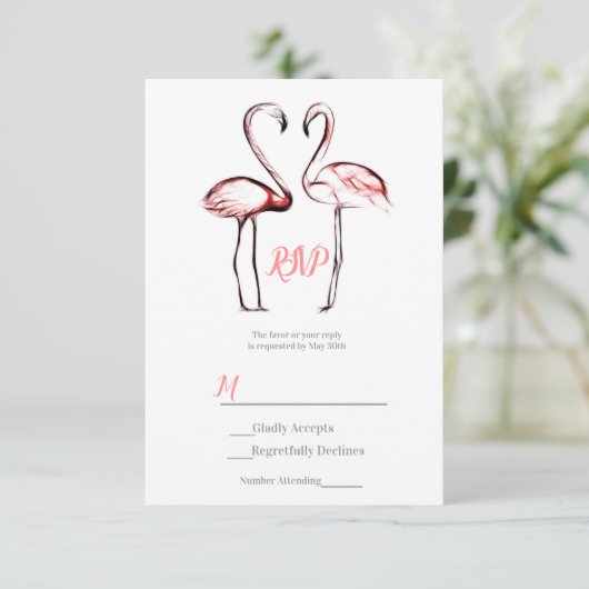 ピーチピンクフラミンゴフラミンゴエレガントウェディングRSVP 出欠カード (スタンド正面)