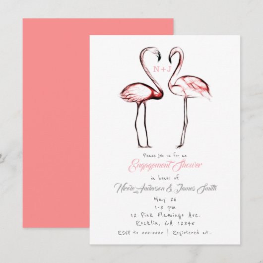ピーチピンクフラミンゴ 結婚前パーティー 招待状 (正面/裏面)