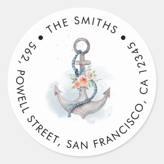 ピーチピンクフローラいかり差出人住所 ラウンドシール (正面)