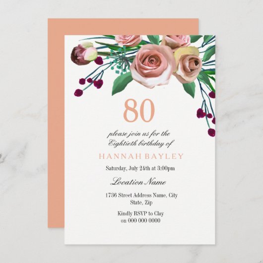 ピーチピンクブルゴーニュバラ80th誕生日招待状 招待状 (正面/裏面)