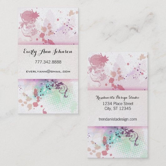 ピーチピンクブルーグリーン絵を描スプラットデザインまたはアーティスト 名刺 (正面/裏面)