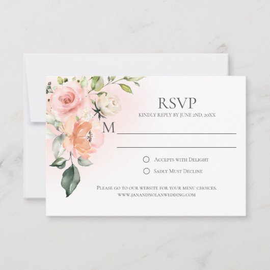 ピーチピンクホワイトローズグリーンリーRSVPカード 出欠カード (正面)