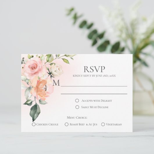 ピーチピンクホワイトローズメニューチョイスRSVPカード 出欠カード (スタンド正面)
