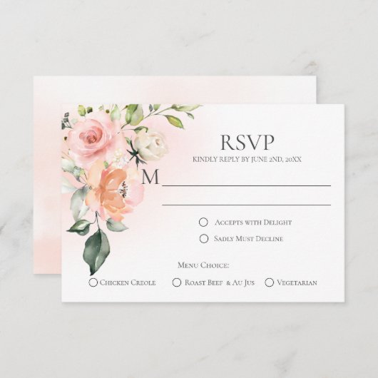 ピーチピンクホワイトローズメニューチョイスRSVPカード 出欠カード (正面/裏面)