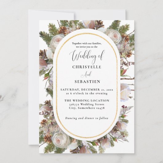 ピーチピンクボホウォーターカラーウィンター結婚フローラ 招待状 (正面)