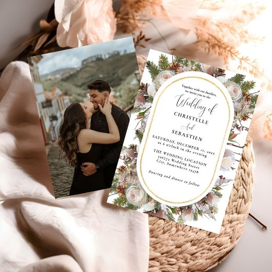 ピーチピンクボホウォーターカラーウィンター結婚フローラ 招待状