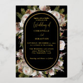 ピーチピンクボホブラックウィンター結婚フローラ 箔招待状 (正面)