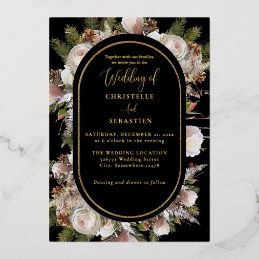 ピーチピンクボホブラックウィンター結婚フローラ 箔招待状 (正面)