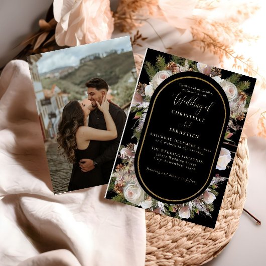 ピーチピンクボホブラックウィンター結婚フローラ 箔招待状