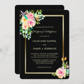 ピーチピンクローズオンブラック結婚ズ 招待状 (正面/裏面)