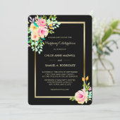 ピーチピンクローズオンブラック結婚ズ 招待状 (スタンド正面)