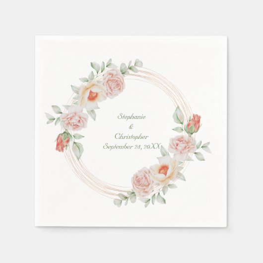 ピーチピンクローズグリーンフローラ金ゴールドフレーム結婚ズ スタンダードカクテルナプキン (正面)