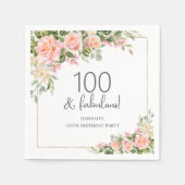 ピーチピンクローズフローラ100誕生日 スタンダードカクテルナプキン (正面)